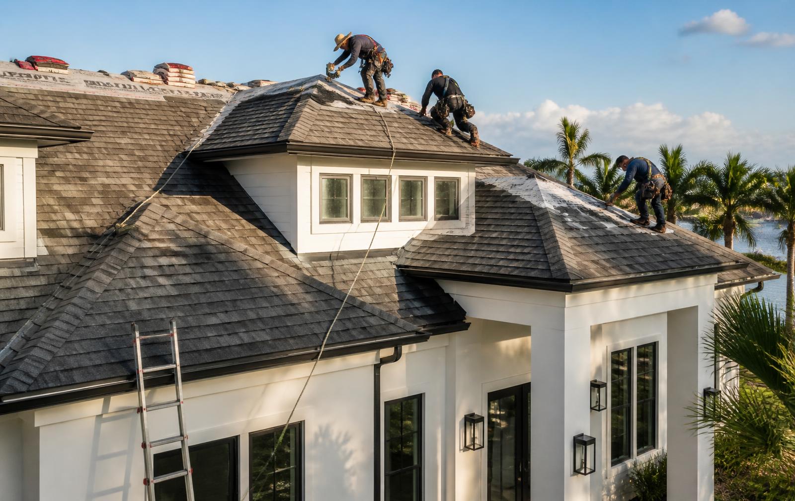 Roofing crew installing new shingles on a Florida coastal home